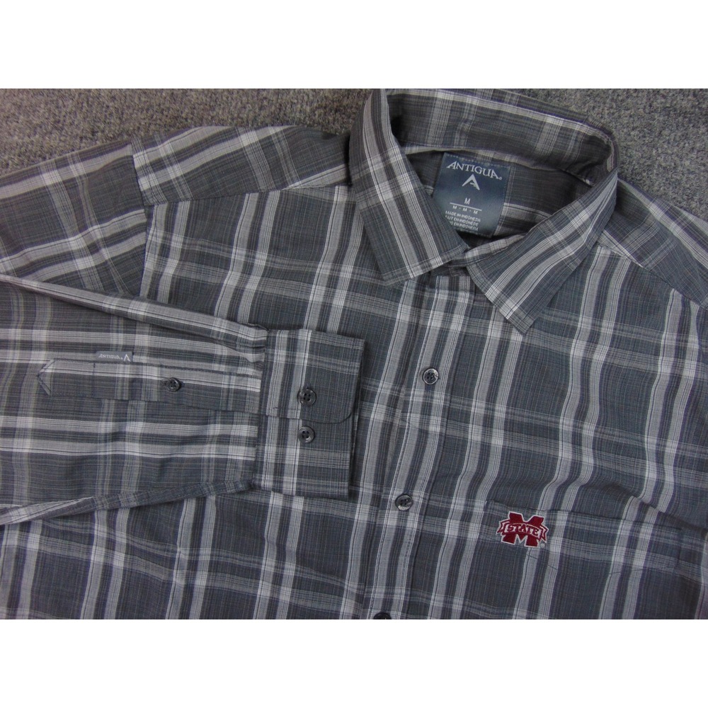 Mississippi State Bulldogs Shirt Mens Med Gray White Plaid Button Up Long Sleeve